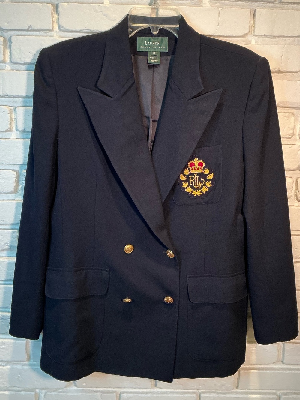 Lauren Ralph Lauren Vintage 90s Worsted Wool Crested Blazer 14 Navy Gold Crown